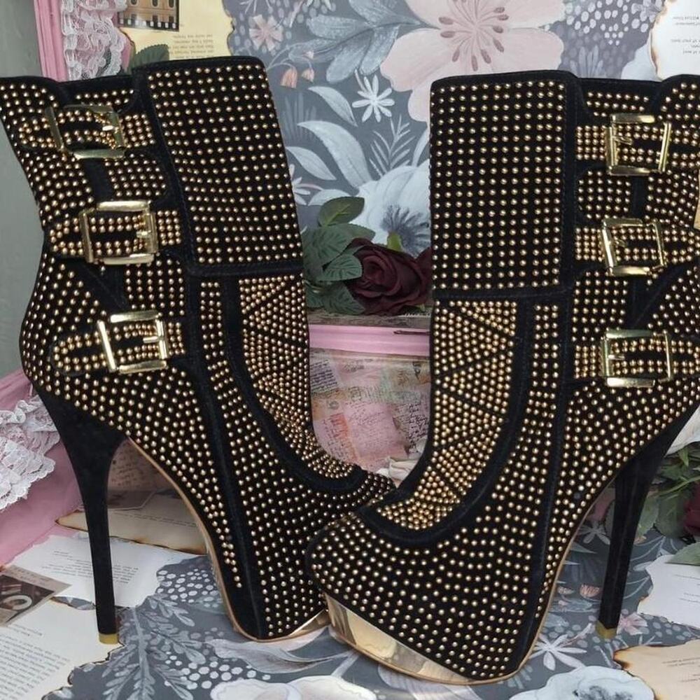 Black gold studded platform heels